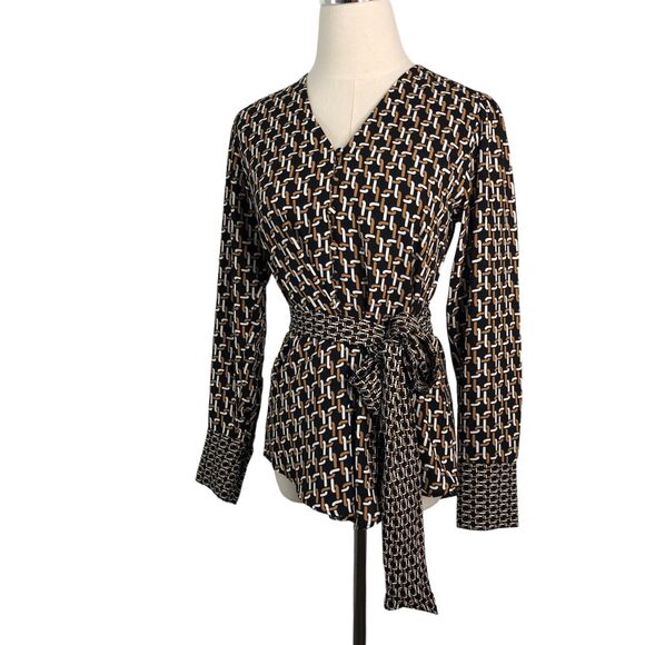Chicos Chain Link Blouse Black White Brown Sash Tie V-Neck Button Top - Picture 1 of 16
